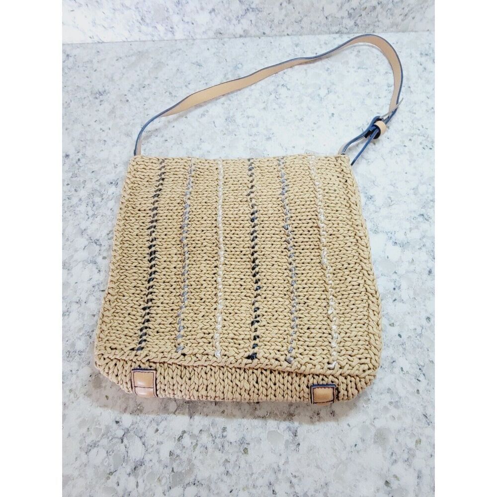 THE SAK Tan W/Blue Woven Crochet Knit Shoulder Bag Small Purse‎ Boho Zippers 9x9